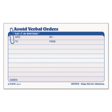 TOPS™ Avoid Verbal Orders Manifold Book, Two-part Carbonless, 6.25 X 4.25, 1-page, 50 Forms freeshipping - TVN Wholesale